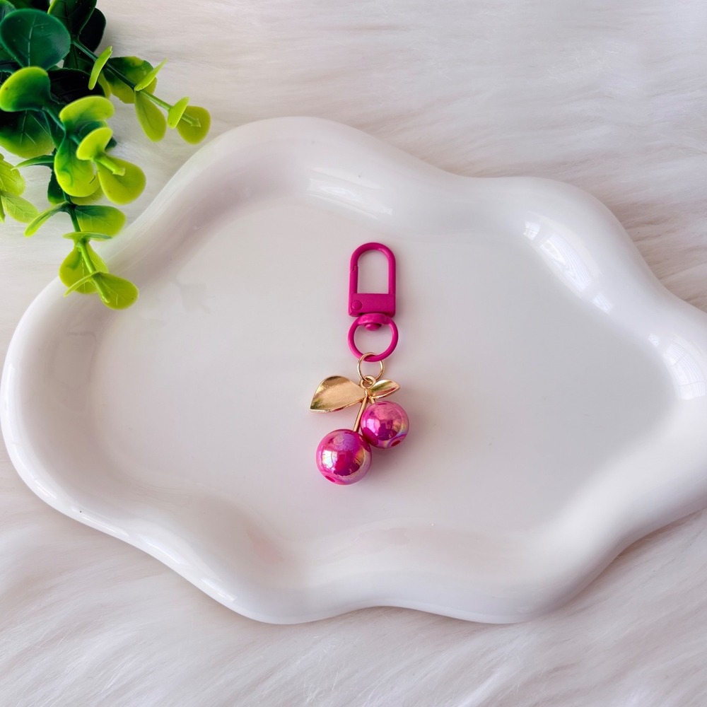 Hot Pink Pearlescent Cherry Keychain/ Bag Charm